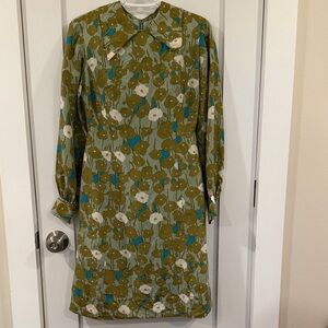 Vintage Floral Green and Blue Women's Silk Dress